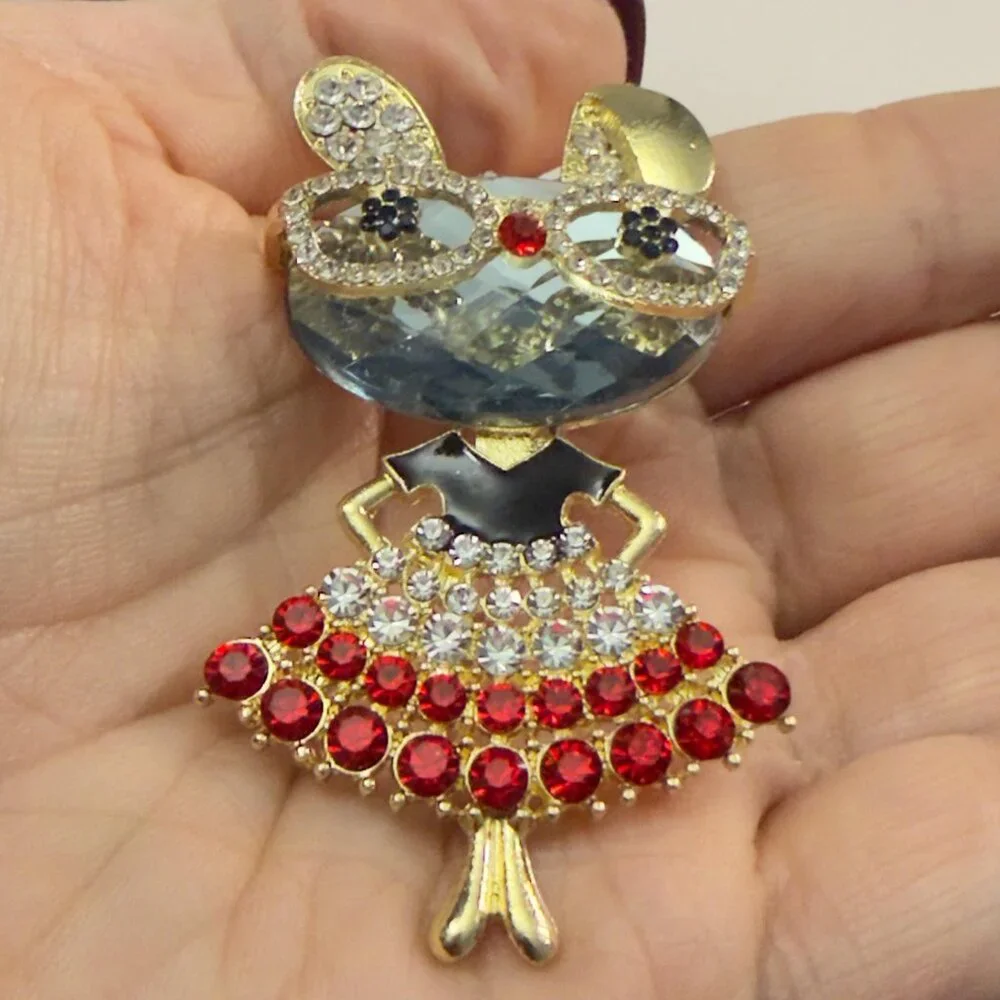 Rabbit Brooch Rhinestone Bunny Dancer Statement Pin Red Crystal Skirt 2.75”